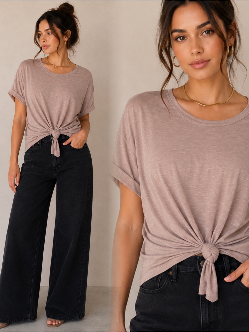 Sweet Claire Tan Knot-Front Short Sleeve Tee